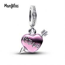 Manyilus 1 Stück Original 925 Sterling Silber Anhänger Perlen: Liebespfeil, Roter Diamant Blumenstrauß, Rosa Emaille Bass Gitarre, Pfanne mit Messer und Gabel, Katzenpfoten Knochen Stab, Rosa Herz mit Flügeln, Bunte Färbepinsel, Stern mit goldenem rundem Diamant Spirale