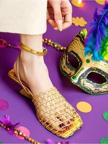 利基新款女士高跟凉鞋,适合派对、学院风、优雅、休闲、商务、街头、夜店、面料和网眼拼布设计,时尚女士高跟拖鞋,适合派对、办公室、家居、户外、夏季 - 金色 - 查看 9