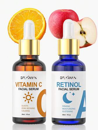 60ml 护肤面部精华套装 - 维生素 C 亮肤精华、视黄醇抗皱精华