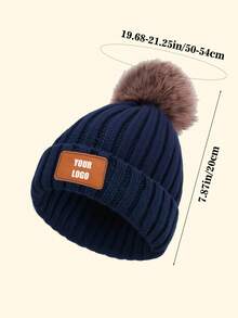 Personalized Kids Knitted Beanie Hat With Single Pom Pom, Multi-Color Options, Leather Label For Engraving, Suitable For Older Children, Winter Outings, Family Gatherings, Etc.