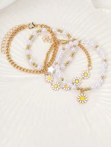 4-Piece Set New Design Gold Beaded Pearl Bracelet Set, Creative Bohemian Daisy Beach Bracelet For Women - 彩色 - 查看 3