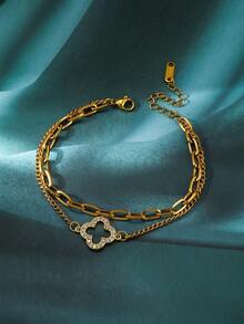 1pc 18K Gold Plated Stainless Steel Clover Charm Bracelet, Fashionable & Elegant Jewelry Gift For Women, Suitable For Daily Wear, Party, Shopping