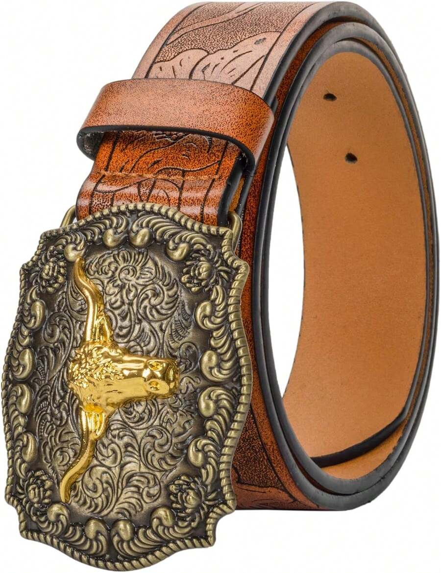 Western PU-Leather Cowboy Belt Men And Women Jeans Engraved Floral Longhorn Bull Belt (25-38 Waist) - C Bull-黑色 - 查看 1