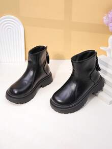 1 Pair Girls Boots 2025 New Style, Children Short Boots, Back Zipper Decor Glossy Material, Anti-Slip Thick Sole, Round Toe Mid-Calf, Retro British Style Boots, Suitable For School/Street Wear In Autumn/Winter