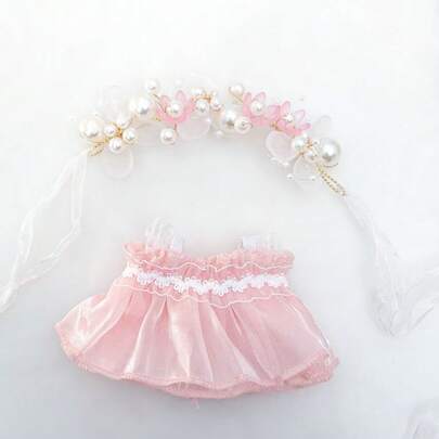 Clothes For Labubu, Clothes For Dolls, Doll Replacement Clothing, Including Pearl Flower Headband And Wedding Dress, Suitable For 15cm To 25cm Dolls, Clothing Accessories