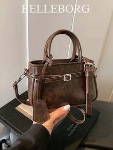Casual Colorblock Textured Versatile Commute Vintage Canvas Strap Buckle Women's Small Square Handbag - Coffee - View 2