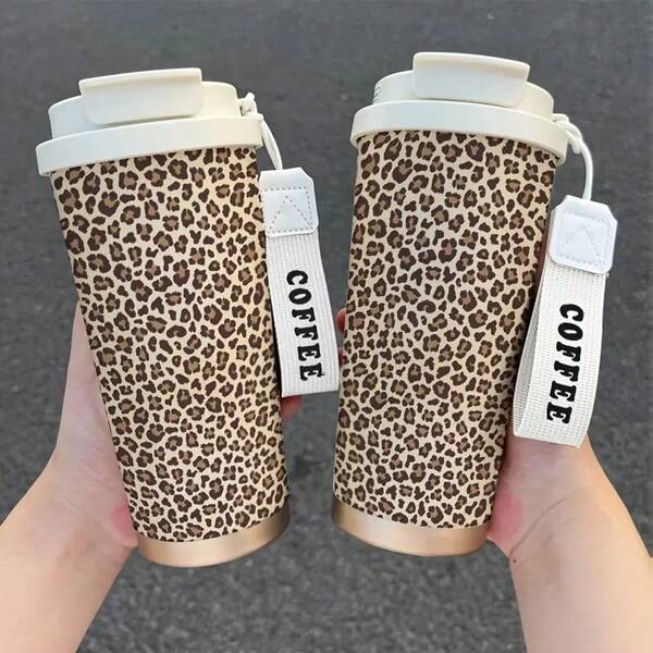 Leopard Print Tumbler 530ml Stainless Steel Thermal Cup | Double Wall Insulated Travel Mug With Straw & Leak Proof Lid | Portable Handle For Office, Gym, Sports | Cold Hot Drink Bottle Gift For Women