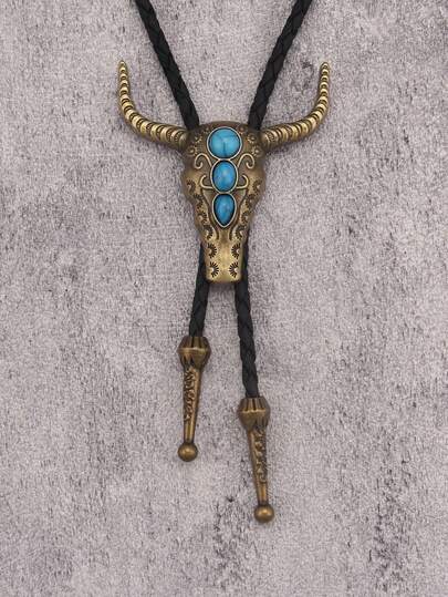 1 pieza Collar de estilo vaquero occidental vintage de aleación de metal, collar de cadena larga negra de cuero trenzado con cabeza de toro en relieve personalizado de aleación gótica