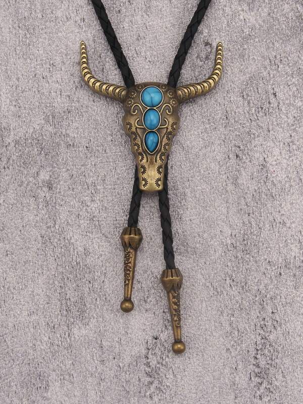 1pc Vintage Western Cowboy Style Alloy Metal Necklace, Personalized Bull Head Embossed Line Alloy Gothic Braided Leather Black Long Chain Necklace For Men