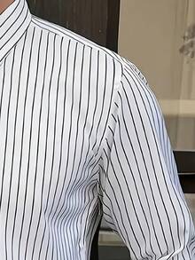 男士黑色条纹正装衬衫，绅士简约条纹长袖衬衫，修身版型，适合春秋夏秋季商务休闲穿着 - 黑與白 - 查看 5