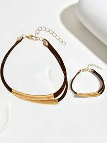 Bộ 2 chiếc/Bộ trang sức vòng cổ và vòng tay họa tiết da báo và đường kim loại, phong cách Châu Âu & Mỹ, Thu/Đông - màu nâu - Xem 4