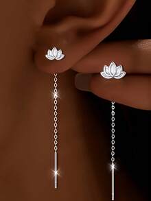 女士时尚吊坠耳环简约莲花长流苏耳环时尚优雅 S925 银适合日常佩戴、宴会、聚会、庆典、节日礼物、四季 - 銀色 - 查看 3