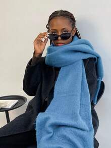 1件装女士蓬松长款冬季围巾，保暖颈部围脖，黑色超大加厚流苏披肩/毯子围巾，加厚针织流苏披肩，红色纯色围巾 - HM05-天藍 - 查看 9