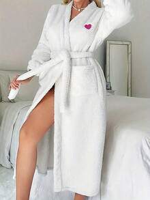 Bata de mujer de franela de unicolor y elegante con cuello en V y manga larga con cintura, bata de franela con estampado de corazón y cinturón, bata casual de lana dunicolordo para mujer, bata de franela con cuello y cinturón, bata de baño de franela forrada térmica y cálida con capucha, manga larga y bolsillos para otoño/invierno, bata de franela con estampado de corazón y cinturón, detalles acogedores y elegantes para otoño/invierno, vacaciones