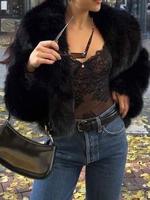 HH Women Solid Faux Fur Jackets Long Sleeves For Warmth Winter Coat Female Fashion Turn-Down Collar Loose Casual Outerwear - 黑色 - 查看 10
