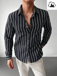 WAIT HIM 男士单排扣宽松休闲条纹长袖衬衫，秋季 - 黑色 - 查看 2