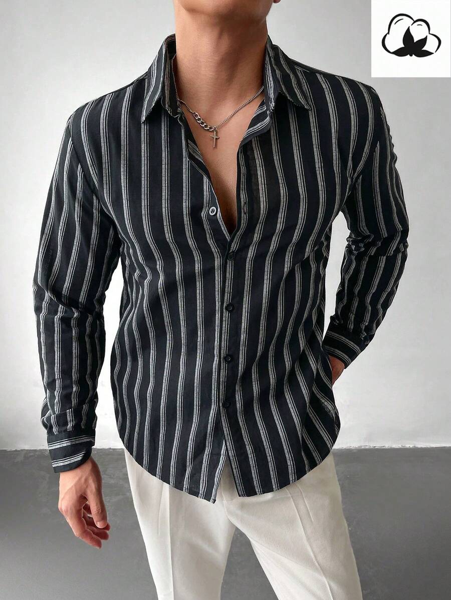 WAIT HIM 男士单排扣宽松休闲条纹长袖衬衫，秋季