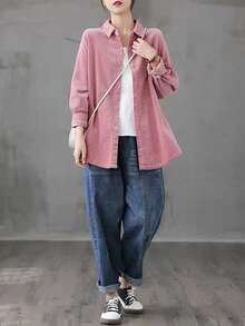 Women's Spring/Fall New Retro Corduroy Shirt Jacket - Collared Long-Sleeve Button-Front, Lightweight Woven Fabric, Pockets, Regular Length, Versatile Pink Casual Outerwear