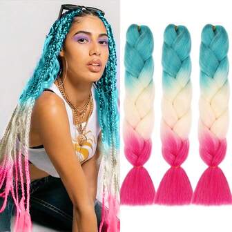 3 piezas de extensiones de cabello sintético Kanekalon de colores arcoíris para festival de música, cabello trenzado de colores degradados ombre