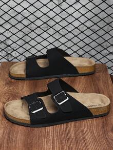 Fashionable Casual Black Suede Double Strap Mule Slippers, Adjustable Dual Metal Buckle Non-Slip Soft Cork Bottom Slip-On House Slippers, Suitable For Christmas, Halloween, Home, Date, Strolling, Commuting, Party, Beach