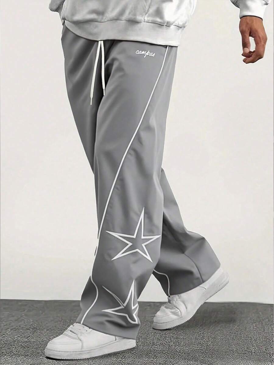 1 件男士直筒星星字母印花休闲宽松街头运动裤，秋季 - 灰色 - 查看 1