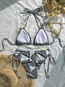 Women's Geometric Print Halter Bikini Two-Pieces Set, Sexy And Casual Backless Swimsuit, Featuring Tie Design And 3D Floral Decorations, Perfect For Beach Vacations, Pool Parties, And Summer Outings.