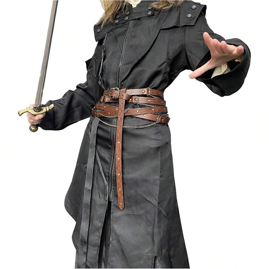 Cinturón de cadena de metal de cuero sintético estilo medieval DIY, cinturón delgado ajustable vintage para mujeres, cinturón delgado retro para vestidos - Multicolor - Ver 1