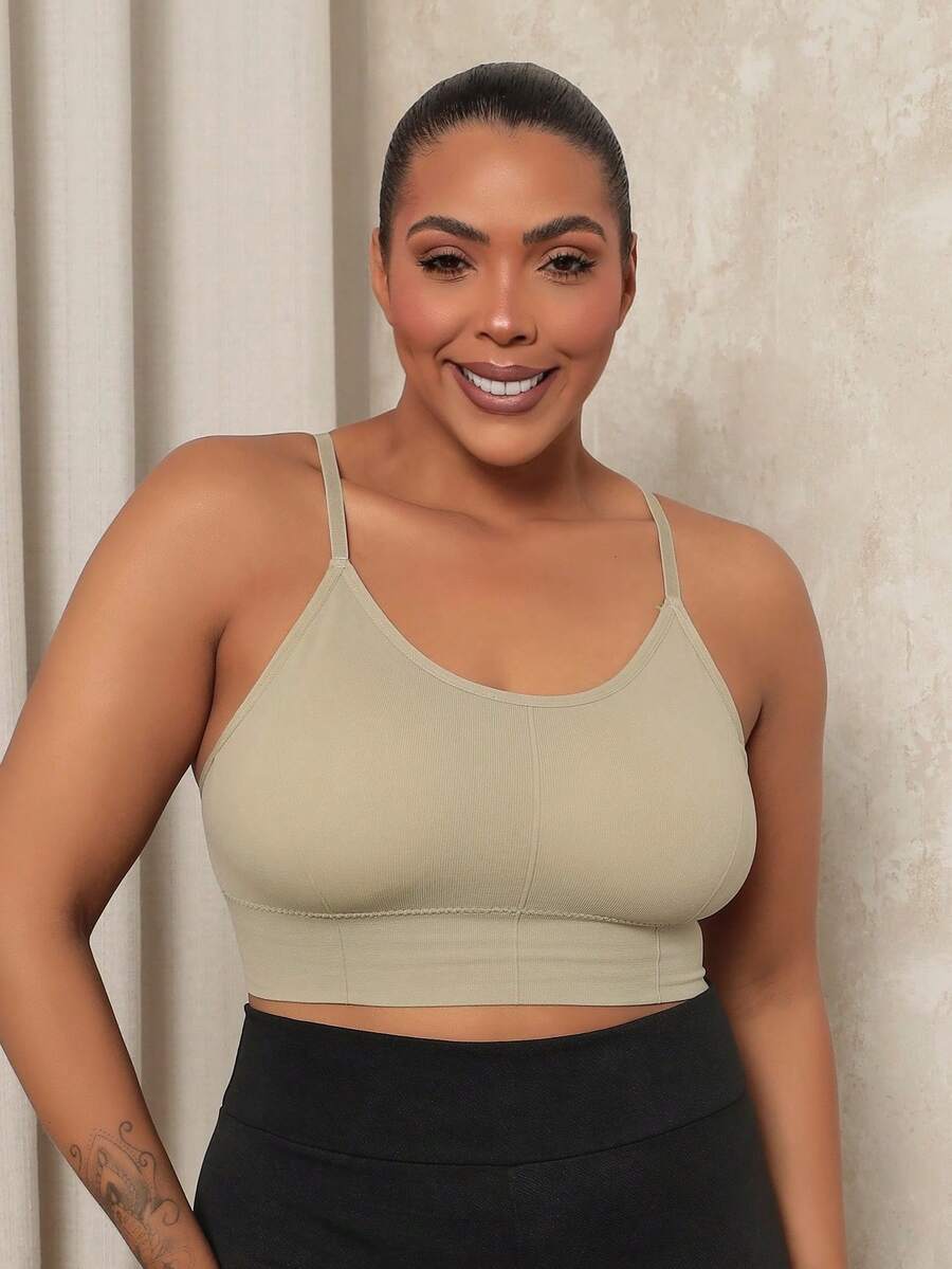 Plus Size Fitness Cropped Gym Top With Removable Pads And Adjustable Thin Straps - Mint Green - View 1