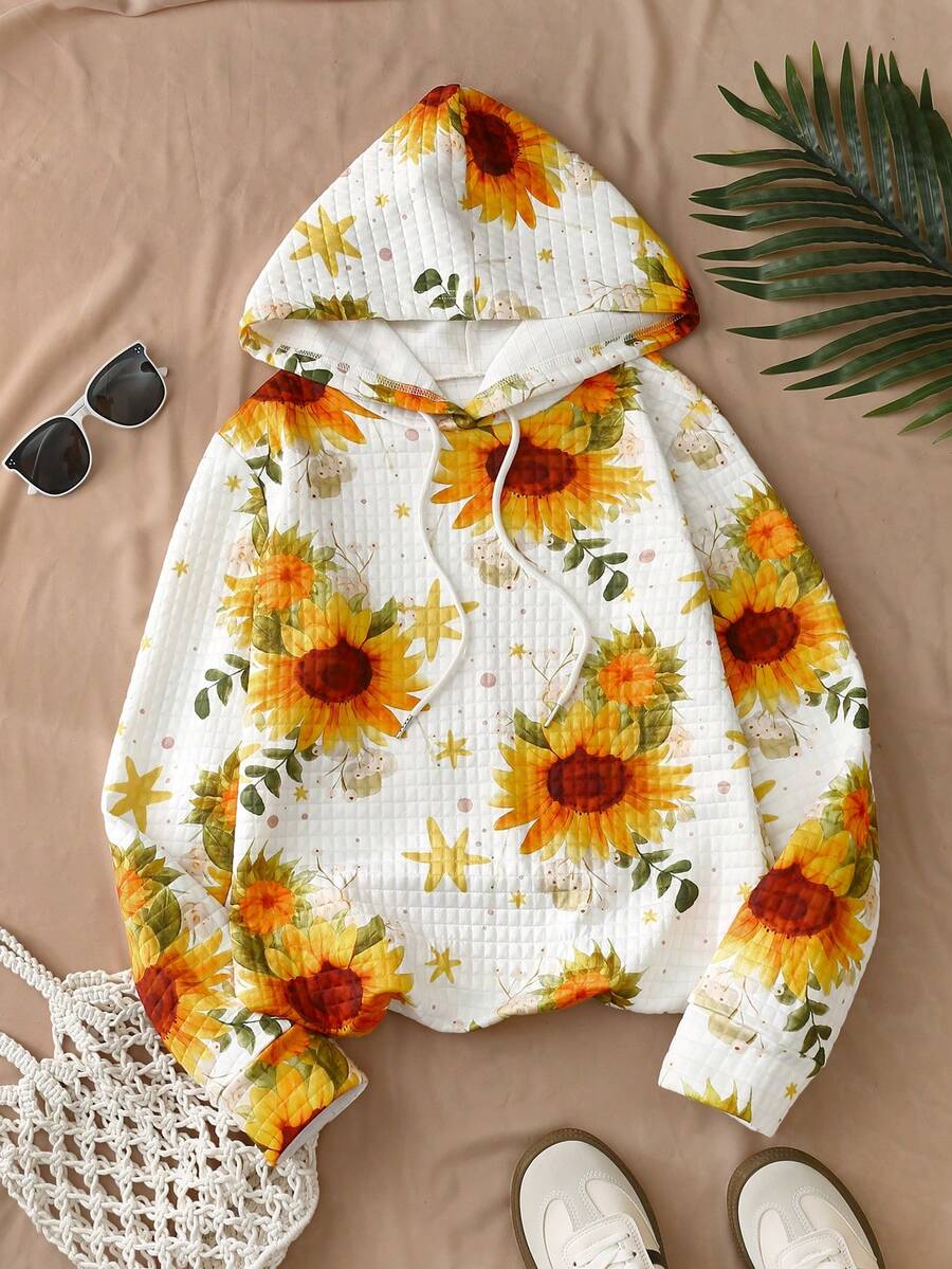 Women's Floral Print Drawstring Hoodie, Casual Wear For Autumn/Winter