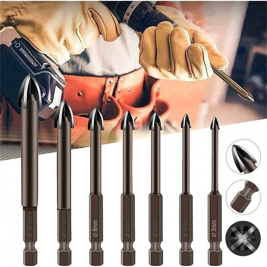 Set di 7 punte per trapano in vetro, punte per trapano per piastrelle da 3-12 mm, punte per trapano in ceramica, set per specchio e porcellana - Castano - Visualizzare 1