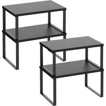 Kitchen Cabinet Organizer Shelf Set Of 4, Sturdy Kitchen Counter Shelves With Metal, Stackable Expandable Wood Spice Rack Pantry Cupboard Dish Mug Cup Storage Organizer Shelf, Rustic Brown - Black + 4 - View 2