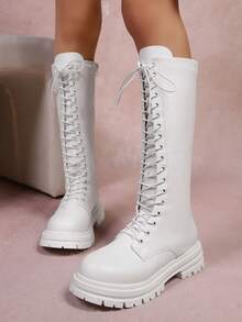 Botas altas de mujer con suela gruesa y cremallera lateral, nuevas para otoño 2025. Botas de caballero de moda con cordones sobre la rodilla, tallas grandes. - Blanco - Ver 2