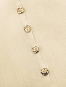 复古时尚金属纽扣前开纯色长袖圆领薄开衫，修身优雅简约休闲针织毛衣，适合女士，春秋冬 - 米色 - 查看 6