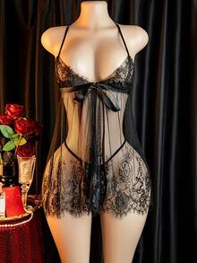 Women's Erotic Bodysuit, Sexy Lingerie Halter Dress With Slit Skirt, Includes: Halter Dress + Thong - 黑色 - 查看 1