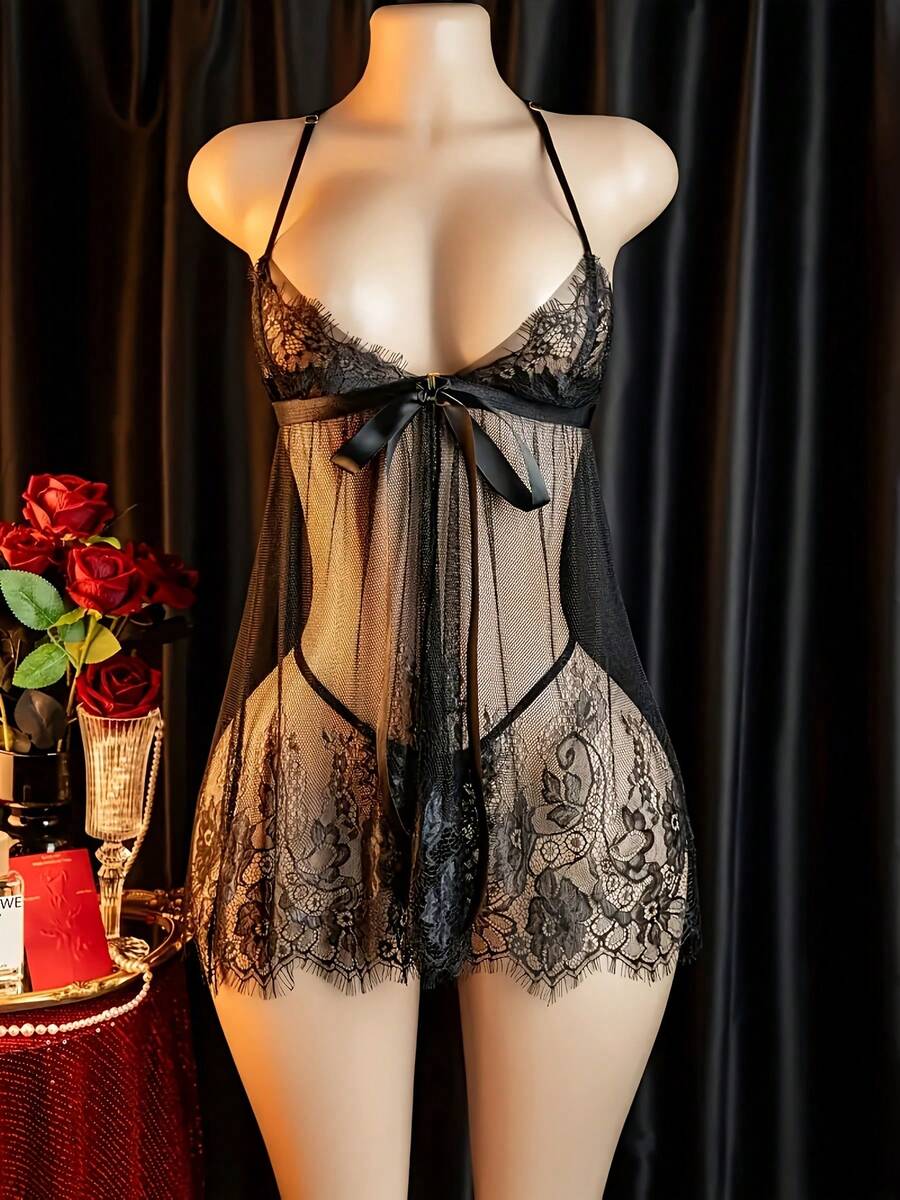 Women's Erotic Bodysuit, Sexy Lingerie Halter Dress With Slit Skirt, Includes: Halter Dress + Thong - 黑色 - 查看 1