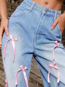 Retro Bow Tie High Waist Wide Leg Jeans, Loose Distressed Denim Pants For Women