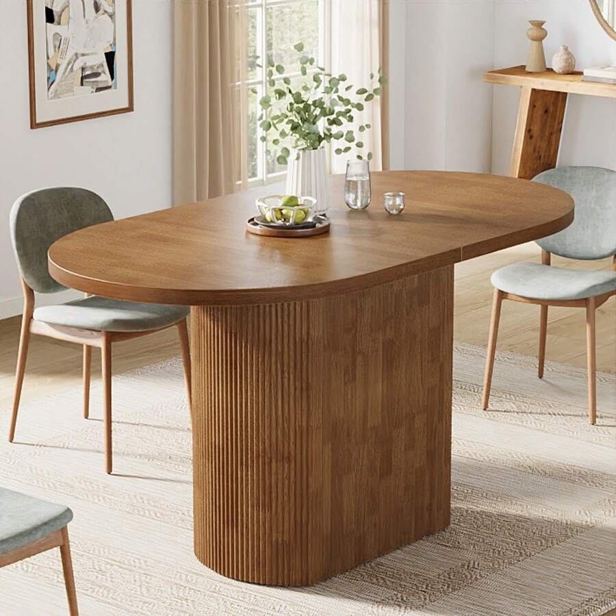 LITTLE TREE Oval Dining Table For 4 People, 47.24 Inch Kitchen Table Wood, Rustic Wooden Dinner Table For Dining Room, Living Room, Home Furniture With Brown Wooden Base - 棕色 - 查看 1