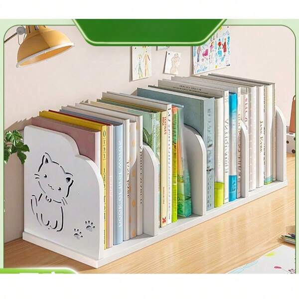 1 pièce Étagère de bureau en bois-plastique (matériau PVC) simple, convient pour la maison, le bureau, le salon et la chambre à coucher. Fabriqué dans un matériau lavable sans odeur, facile à assembler soi-même. Design mignon de serre-livres en forme de clochette de chat. Convient également comme cadeau de graduation pour étudiant.