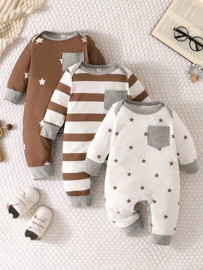 3pcs Baby Boys Casual Comfortable Striped & Star Pattern Long Sleeve Romper Jumpsuit, Lightweight Suitable For Spring/Summer