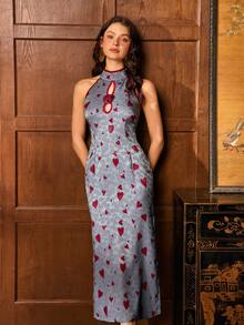 Faeriesty ​Women's New Chinese Style Cheongsam: High Neck & Sleeveless Design With Hollow-Out Neckline & 3D Floral Applique. Elegant Attire For Gala Dinners, Red Carpet Events, Wedding Receptions, Year-End Galas, And Formal Evening