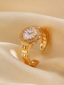 1件时尚独特设计的假手表戒指，送给女孩的礼物，女士装饰手表戒指，无功能性 - 金色 - 查看 3