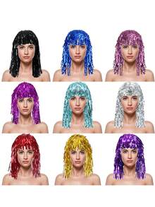 1顶闪亮假发，闪光派对假发，彩色闪光假发帽，迪斯科服装假发，趣味派对帽，趣味闪光金属发饰，适合派对嘉年华、头饰、日常派对用品、派对家居装饰、派对礼物、节日用品、庆典用品、角色扮演道具、奇特物品、酷炫圣诞装饰、万圣节、圣诞装饰、赠品。