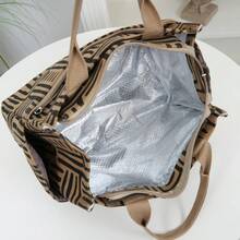 DLIU New Arrival, Corduroy Printed Fabric, Large Capacity Thick Tote Bag, Aluminum Foil Insulated Lining, Half-Zip Closure, Multi-Pocket Outdoor Storage Bag, Lunch Bag, Bento Box Bag, Tote Bag, Organizer Bag, Handbag, Back To School, Retro, Square Shape, Suitable For Work Lunch, Outdoor Picnic, Daily Storage Lunch Box For Traveling For Women Portable Waterproof Bag Insulated Lunch Bag Lunchbox - Khaki - View 8