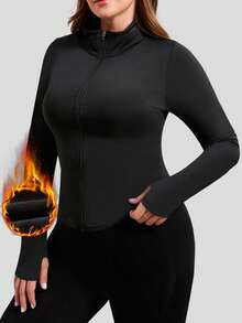 1pc Plus Size Fleece Zip-Up Long Sleeve Jacket, Solid Color Slim Fit U-Hem Design, Versatile For Casual, Cycling, Outdoor, Yoga Wear - Black - View 4