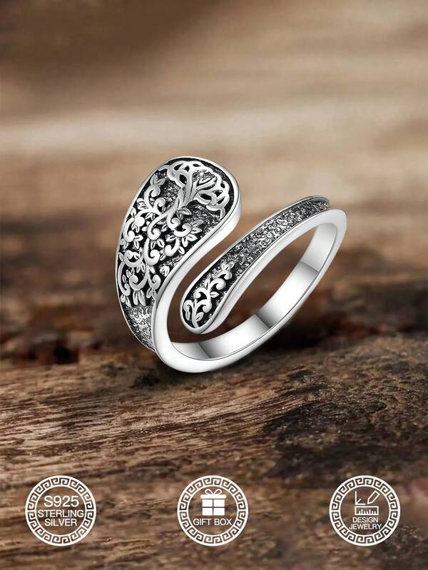 1 pieza Anillo abierto ajustable de plata S925 con diseño de árbol de la vida, diseño en relieve del sistema de raíces en estilo vintage, regalo espiritual y guardián, adecuado para uso diario, ideal para el Día de San Valentín, Día de la Madre, festivales de música, incluye caja de regalo