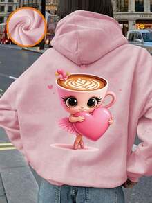 少女保暖连帽卫衣，“卡布奇诺芭蕾舞女”图案印花，秋冬季保暖舒适上衣 - 粉色 - 查看 1