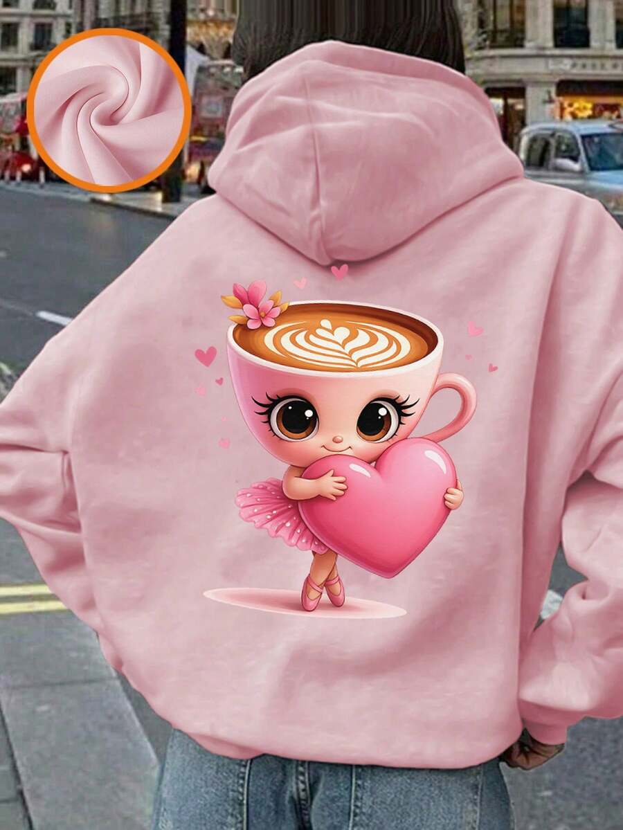 少女保暖连帽卫衣，“卡布奇诺芭蕾舞女”图案印花，秋冬季保暖舒适上衣 - 粉色 - 查看 1