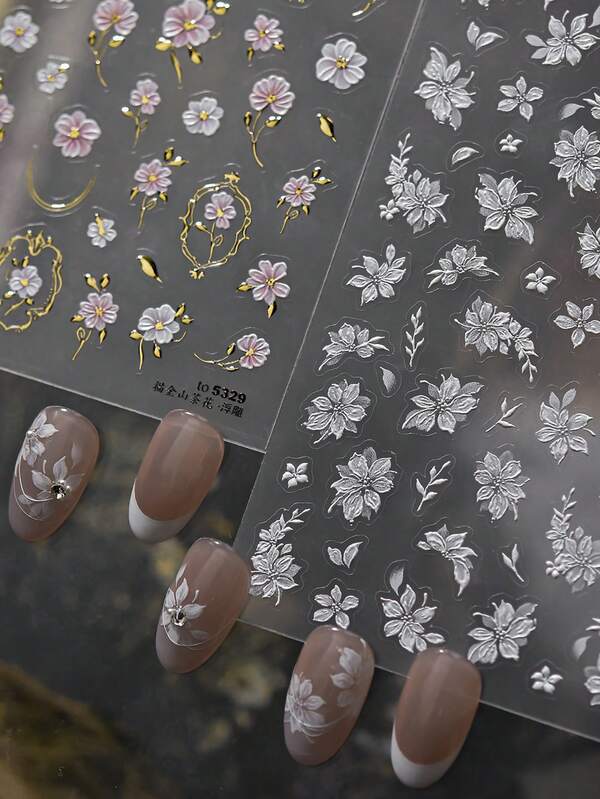 1 Sheet White Gold Camellia Flower Blooming Petal Pink Floral Golden Leaves 5D Nail Art Sticker Self-Adhesive Slider Manicure Decals