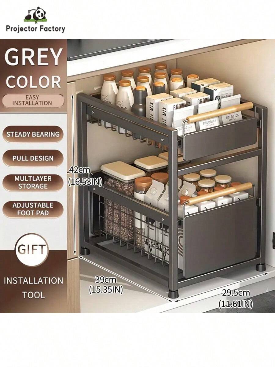 LIPETY Pull-Out Cabinet Storage Rack,Sliding Pull-Out Type Drawers For Kitchen Cabinets, Heavy DutyMetal Wire Basket Pull-Out Type Shelf, Slide OutCookware Organizer, Storage Of Seasoning And Miscellaneous Items, For Kitchen And Bathroom Storage - 灰色 - 查看 1