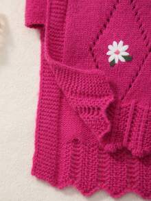 Girls' Spring/Summer/Autumn Knitted Cable Knit Round Neck Embroidered Hollow-Out Side Sleeveless Vest - Hot Pink - View 5